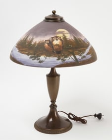 Table Lamp With Reverse Glass Painted Shade with Owls