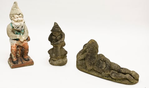 Three Cast Stone Garden Gnomes