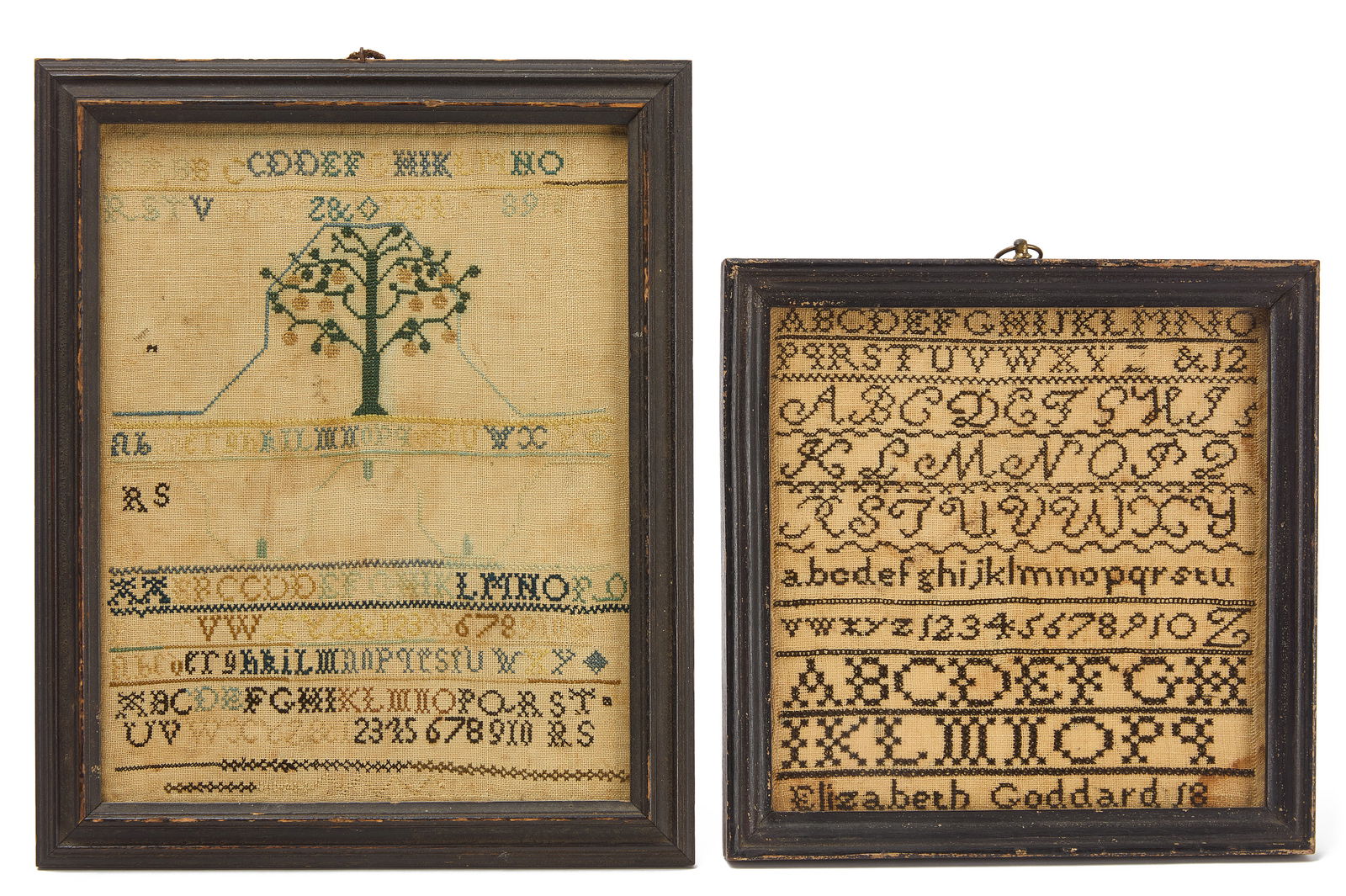 Two Needlework Samplers: Two needlwork samplers The first by Rhoby Sisson with fruit tree. Period frame. Dartmouth, Massachusetts, circa 1820. The second by Elizabeth Goddard. Period frame. Probably Rhode