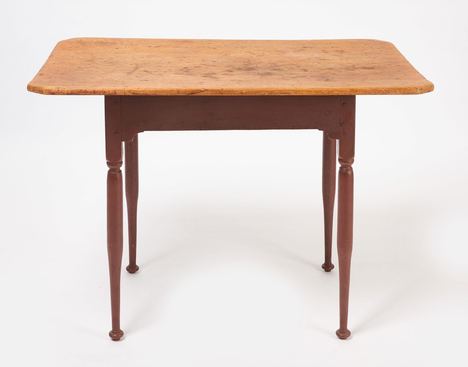 Queen Anne Tea Table: Queen Anne table with button feet. Early, probably original red paint. Single board top. New England, mid 18th century. H 26-1/2 in. W 28 in. D 24-5/8 in. Link to high-res images: https://www.dro