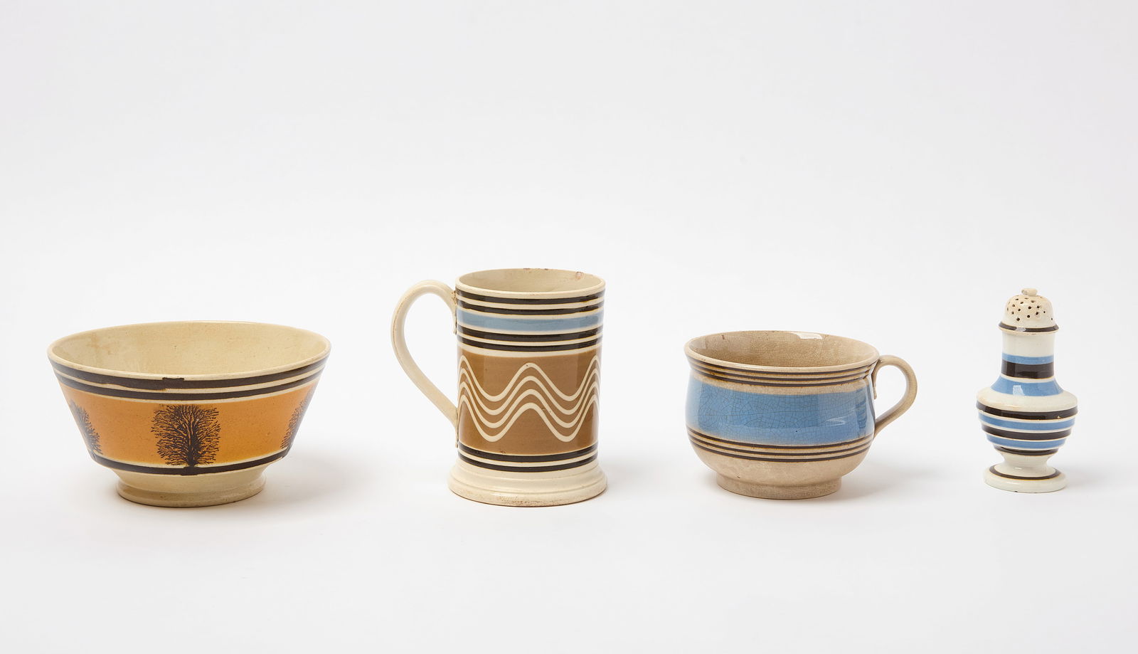 Mochaware Group with a Pepper Pot, Two Bowls, and Mug (1 of 4)