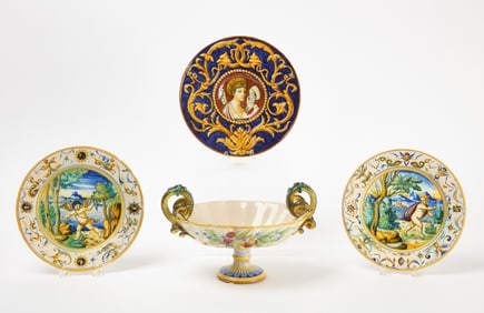 Cantagalli-Compote with Snake Handles and Three Majolica Plates