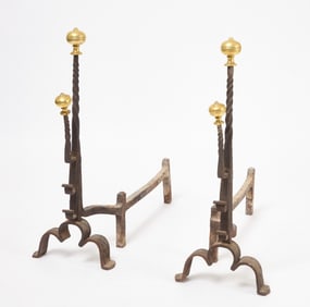 Pair of Early Wrought Iron and Brass Andirons