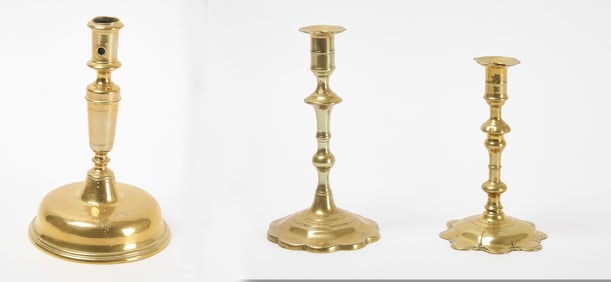 Two Queen Anne Brass Candlesticks and a Single Early Stick