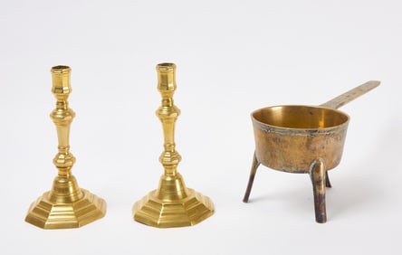 Pair of Brass Candlesticks and Brass Pan
