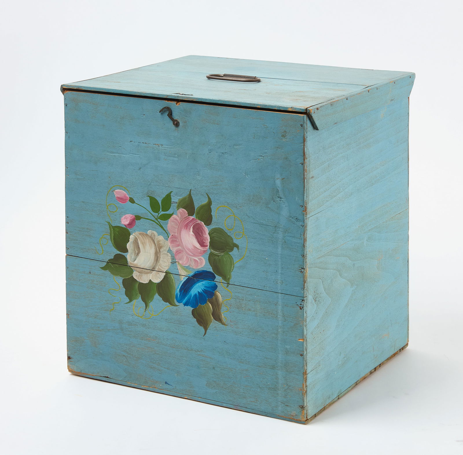 B. Penaud Hat Box: A lidded hat box in robin's egg blue paint with original paper label under lid for 'B. Penaud'. French, late 19th century. H 15-1/4 in. W 14-7/8 in. D 12-5/8 in. Link to high-res images:&n