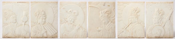 Six Large Carved Marble Guan Yin Chinese Panels