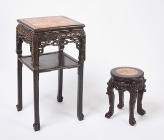 Chinese Clawfoot Tall Side Table and Stool With Granite