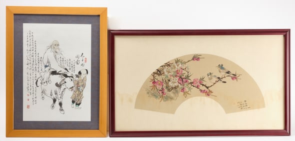 Framed Chinese Fan and Illustrated Story Page
