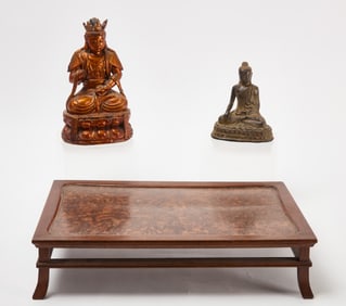 Two Buddha Figures and Tray Stand