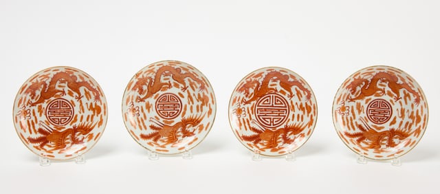 Four Chinese Iron Red Dragon and Phoenix Plates