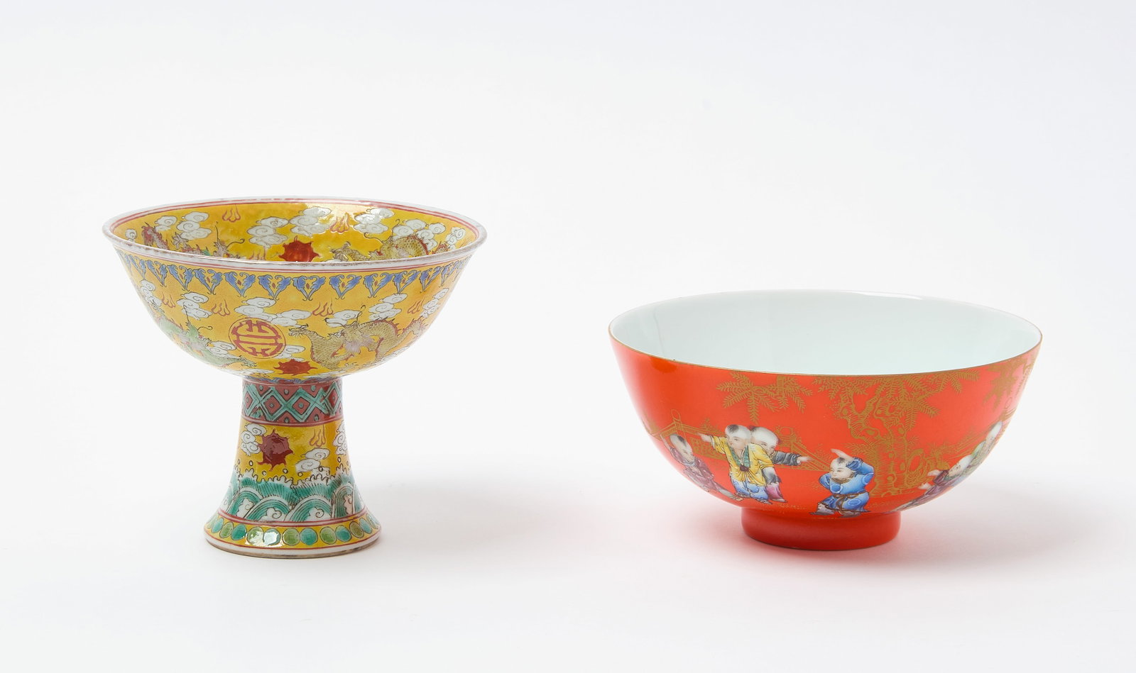 Yongzheng Stem Bowl and Coral Boys Bowl: Yongzheng stem bowl. Yellow with six character mark under base. Coral 'Boys Bowl', six character mark within a double circle under base. Both Qing Dynasty. China, Stem bowl: H 4 in.