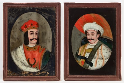 Two Reverse Painted on Glass Portraits of Indian Noblemen
