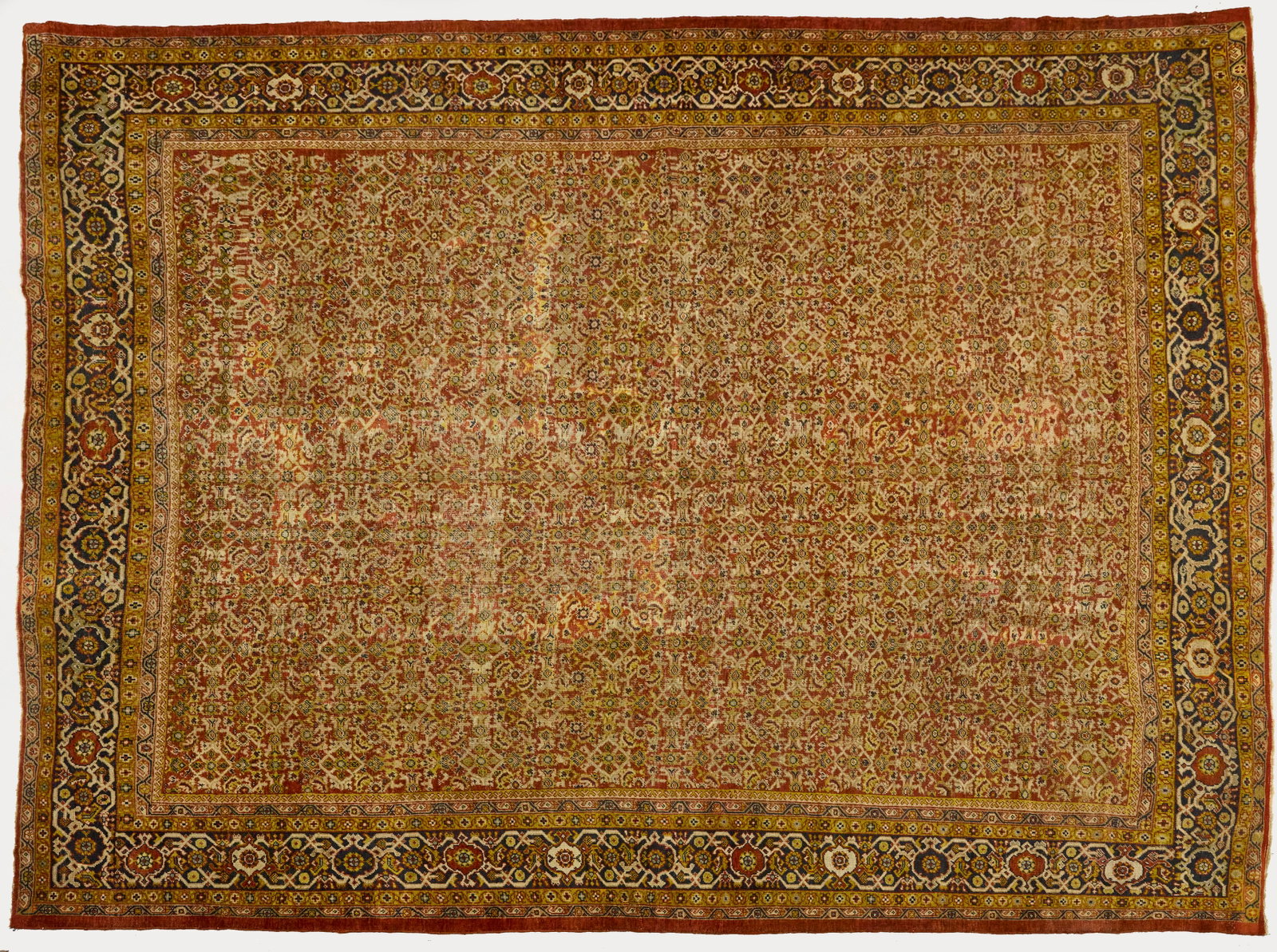 Red and Yellow Mahal Carpet: Red and yellow Mahal rug. Floral design. Late 19th century. L 141 in. W 144 in. Link to high-res images: https://www.dropbox.com/scl/fo/vubituj2zfjpr0f6pltb4/AKwpOkWeK4k_CRFpYNUvgfA?r