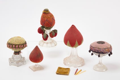 Group of Pedestal Pin Cushions and Needle Book