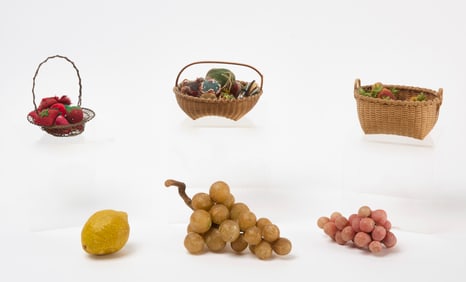Group of Stone Fruit, Fabric Strawberries, and Miniature Baskets