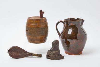 Redware Pitcher, Keg, Shot Pouch, and Frog Sprinkler