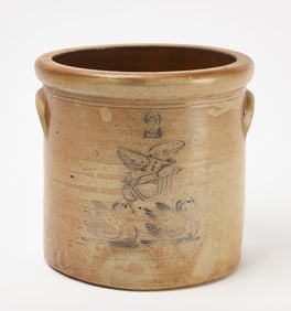 Stoneware Two-Gallon Crock with Eagle and Two Swans