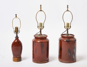 Three Converted Redware Lamps