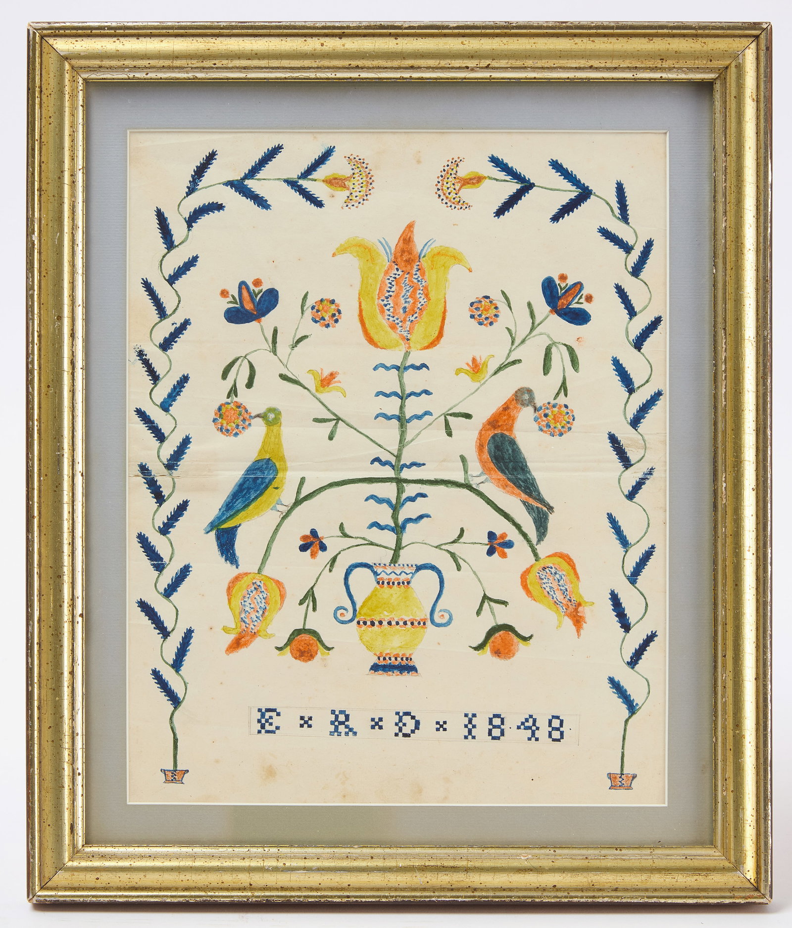Fraktur Watercolor of Two Birds and Potted Plant (1 of 2)