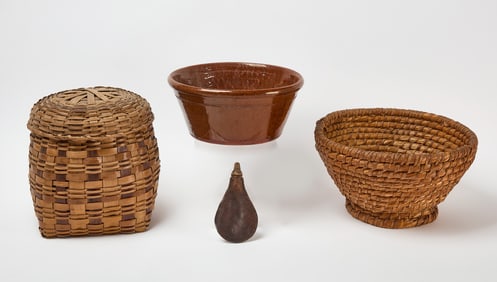 Two Woven Baskets, Powder Flask, and Pottery Bowl