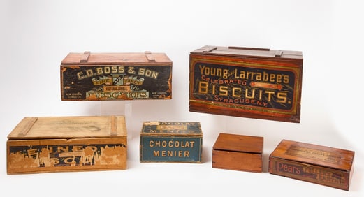 Group of Six Wooden Advertising Boxes