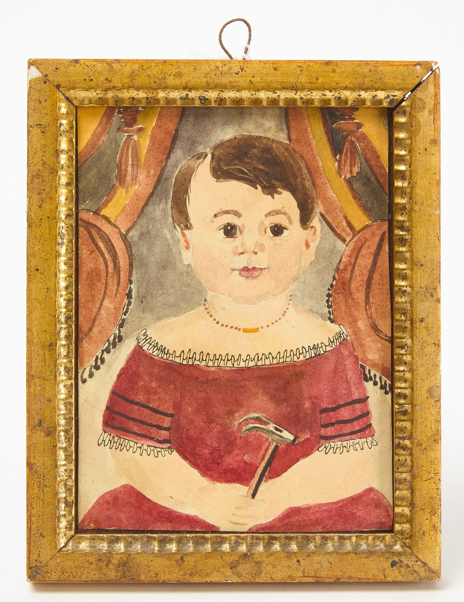 Watercolor Portrait - Girl in Red with Hammer: Portrait of a young girl in an off-the-shoulder red dress, holding a hammer. Watercolor on paper in a period gilt frame. American, 20th century. Frame: H 8-1/2 in. W 6-3/4 in. Sight: H 6-3/4 in. W 5 i
