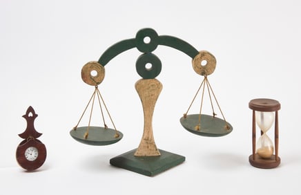 Folk Art Balance, Watch Hutch, and Hourglass