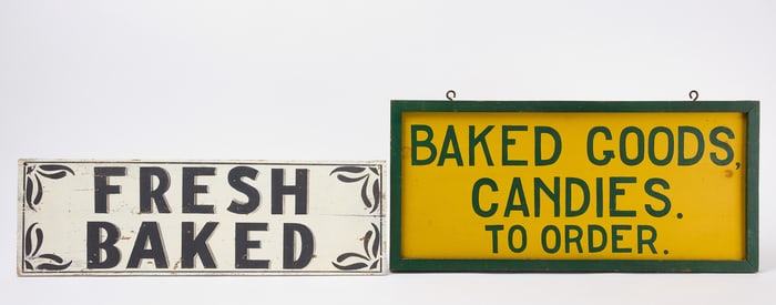 Two Painted Trade Signs - Baked Goods Candies To Order and Fresh Baked