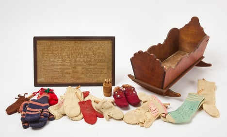 Doll Crib with Clothes and Sampler