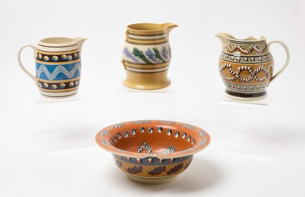Three Contemporary Mochaware Pieces and Yellowware Jug