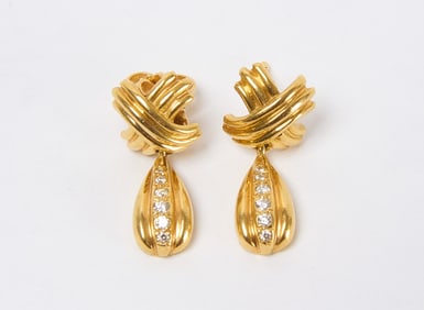 Pair of Gold and Diamond Earrings