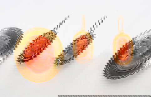 Victorian Gold and Carnelian Brooch and Matching Earrings: Victorian gold and carnelian brooch and matching earrings. 19th century.Acid tested. Earrings 14K (4.3 dwt) Brooch 18K (4.3