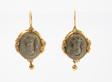 Pair of Victorian Gold with Carved Lava Earrings