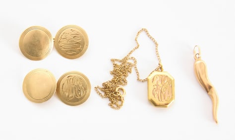 14k Gold Cufflinks, Miniature Locket, and Cornicello Charm