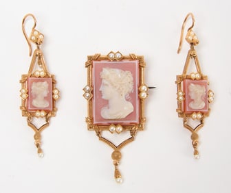 Victorian Gold and Cameo Brooch and Earring Set