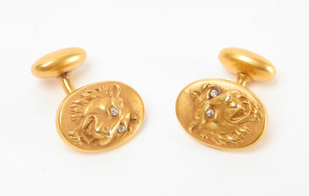 Pair of 14k Lion Cufflinks with Diamond Eyes
