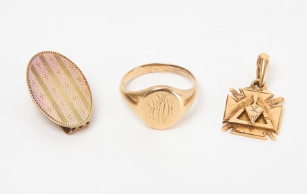 14k Masonic Pendant, Signet Ring, and Tie Clip