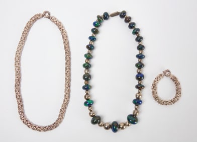 Sterling Necklace and Bracelet Set, and Taxco Beaded Necklace