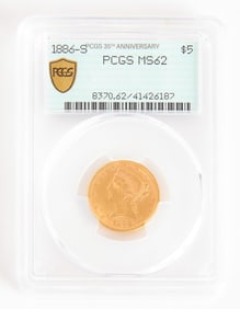 1886-S $5 Dollar Gold PCGS MS62