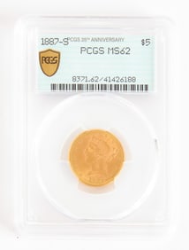 1887-S $5 Dollar Gold PCGS MS62