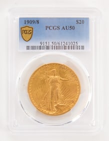 1909/8 Overdate $20 Gold Liberty -  AU50