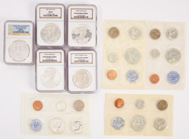 Five Graded Silver Dollars, and Four Mint Sets