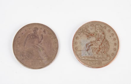 1874-S US Trade Dollar and 1842 Silver Dollar