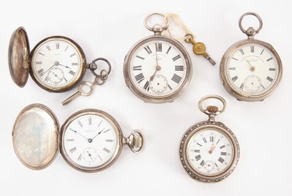Five Sterling Silver Pocket Watches