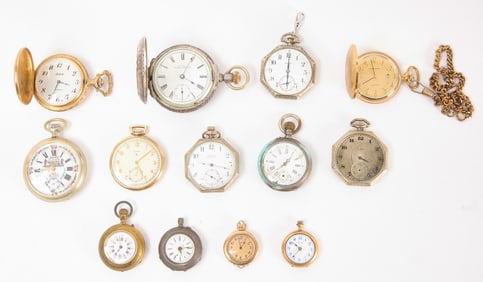 Group of Twelve Gold Filled, Rolled Gold and Assorted Metal Pocket Watches