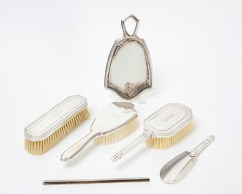 Six Piece Set Brushes, Comb, Mirror, Shoehorn Tiffany Sterling
