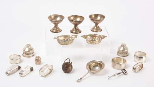 Sterling Group including Kiddish Cups, Napkin Rings, and Tea Strainers