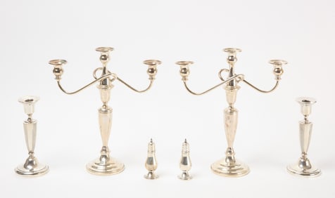 Weighted Silver Candelabra, Candlesticks, and Pair of Sterling Casters