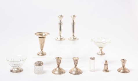 Group of Weighted Sterling Bowls, Candlesticks, and Glass Dresser Boxes